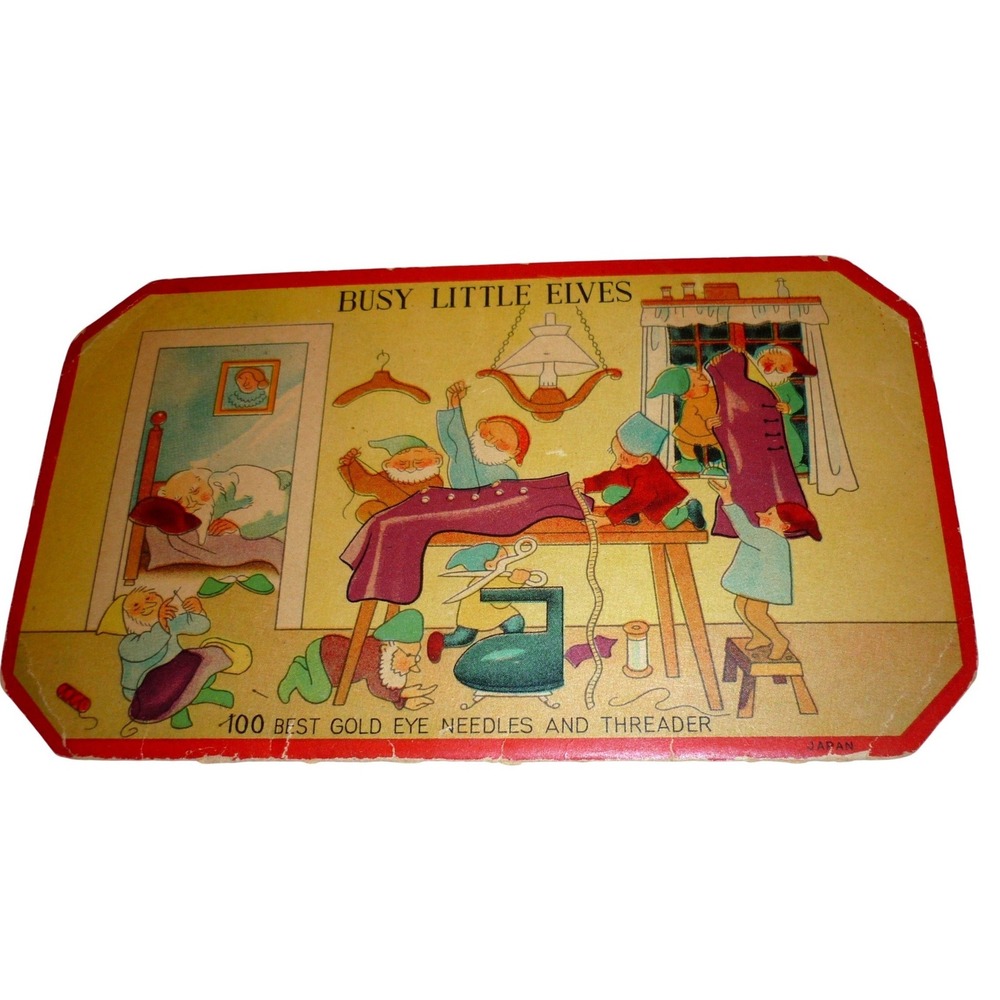 Vintage Busy Little Elves Sewing Needle Book Japan 1953.7 Litho Cardboard Case
